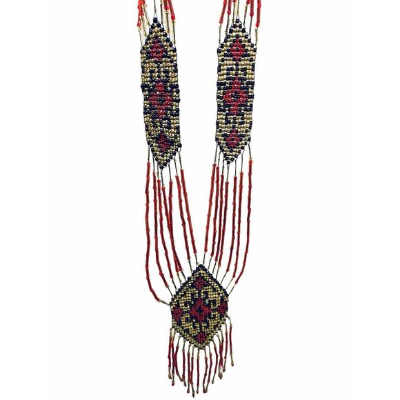 Russian Necklace Carpathian Seed Bead Indigenous Caucus Art Vintage Handmade Red - Picture 2 of 16